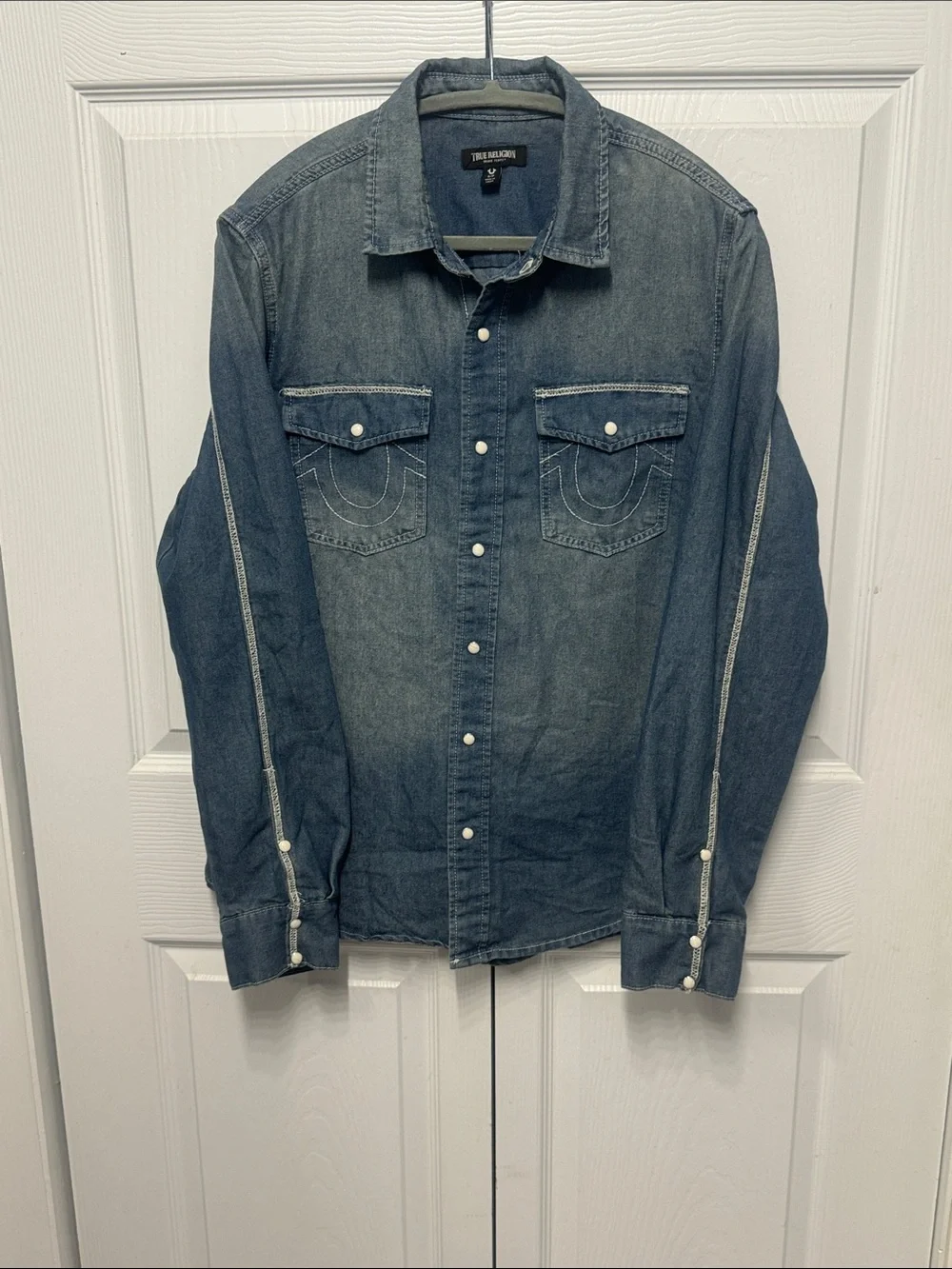 True Religion Men's Denim Western Shirt in Faded Blue